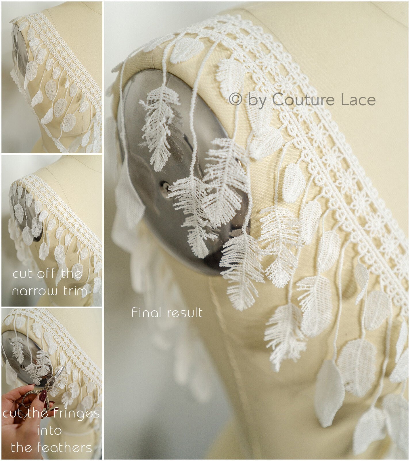 Crochet lace with feather pattern/ Guipure lace trim off-white/ crocheted lace trim for wedding dresses/ feather lace trim// T21-138