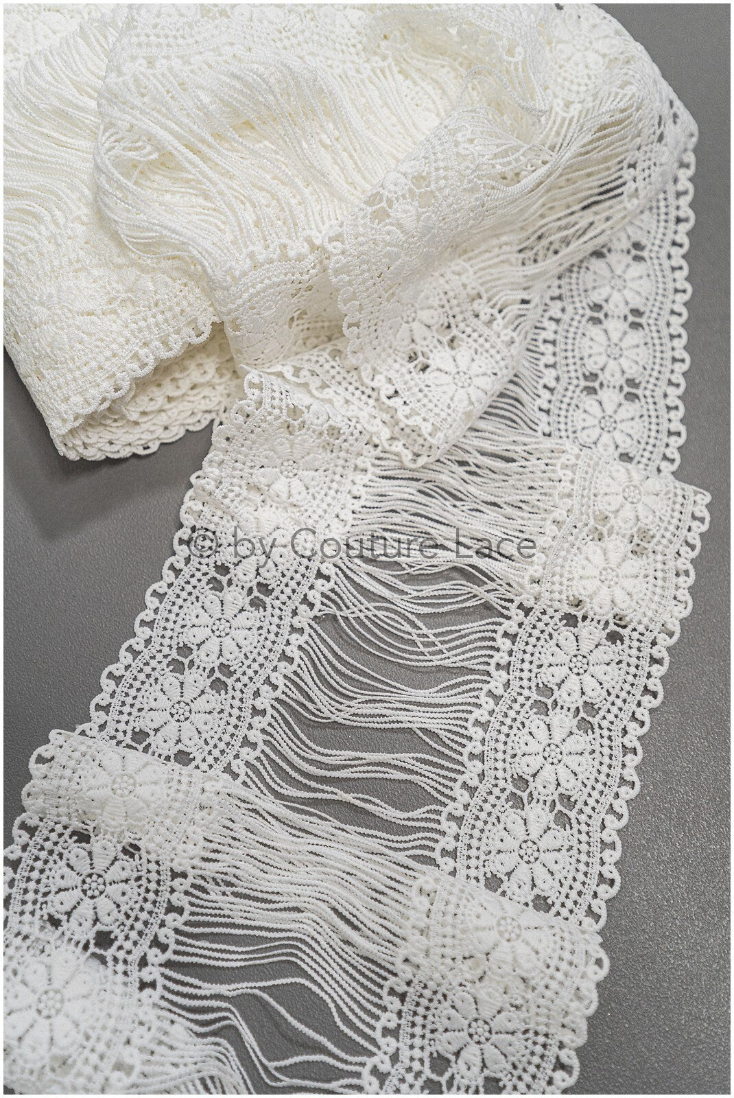 Guipure lace trim/ Off-white lace trim with fringes/ Bridal crocheted lace trim// T21-141