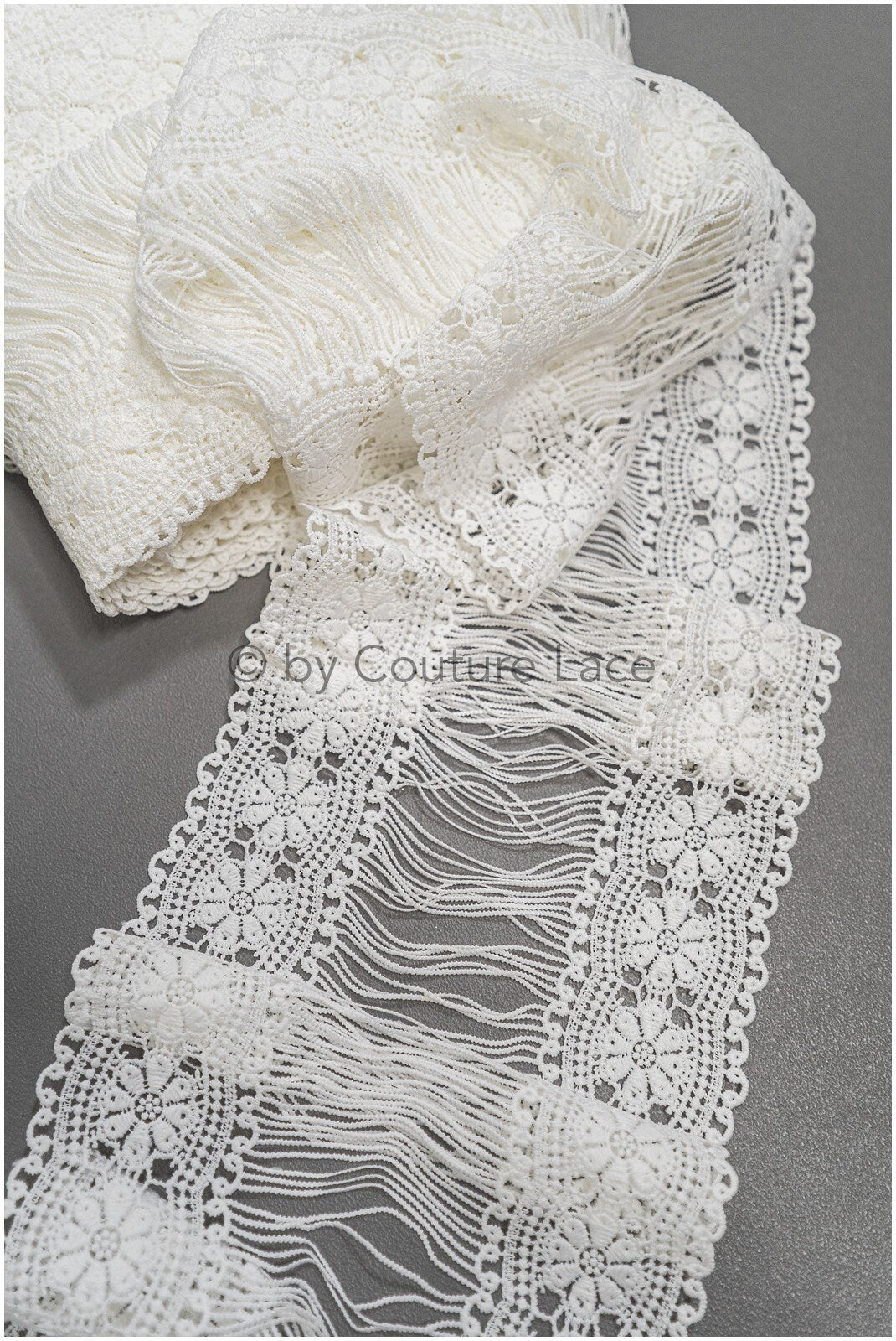 Guipure lace trim/ Off-white lace trim with fringes/ Bridal crocheted lace trim// T21-141
