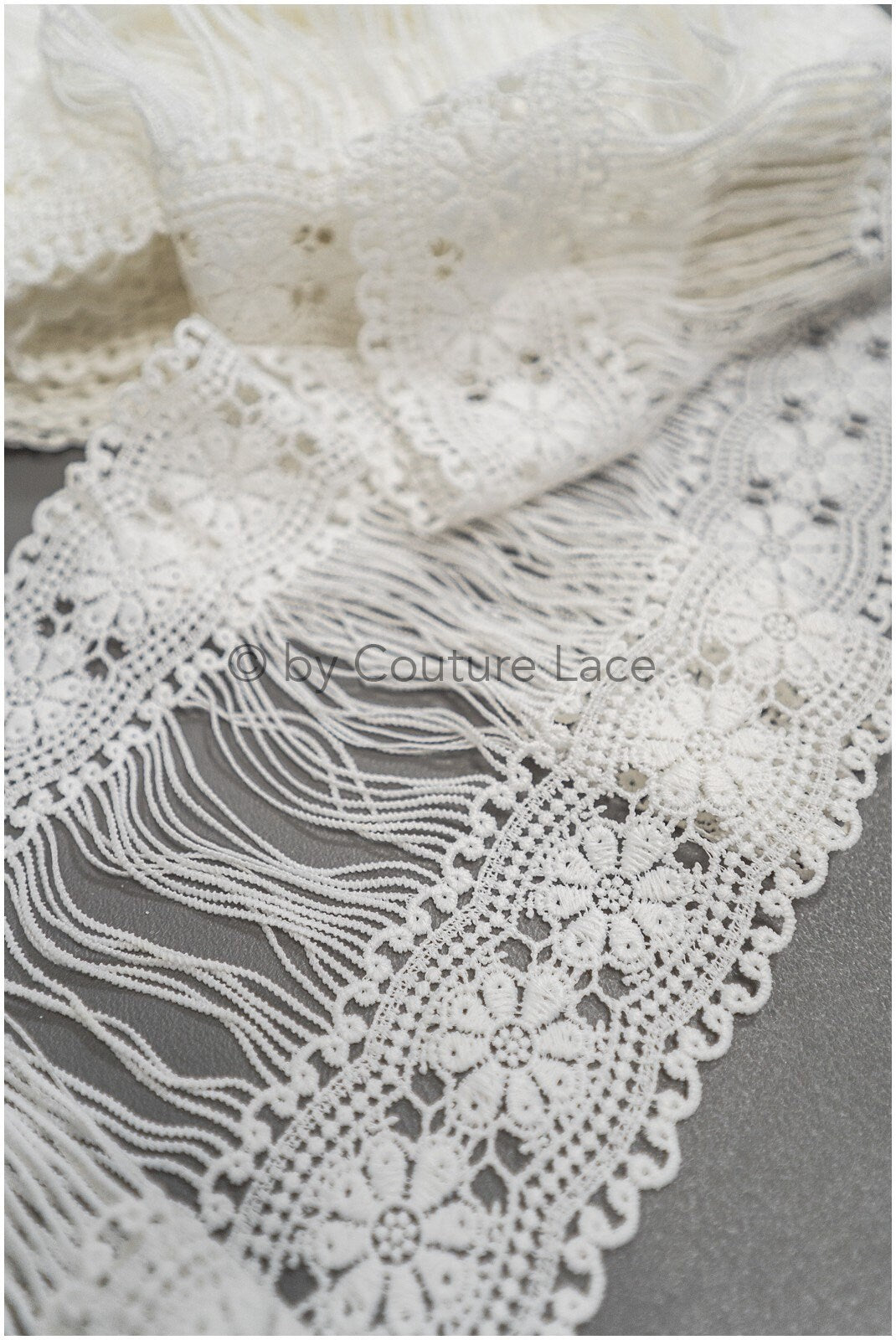 Guipure lace trim/ Off-white lace trim with fringes/ Bridal crocheted lace trim// T21-141