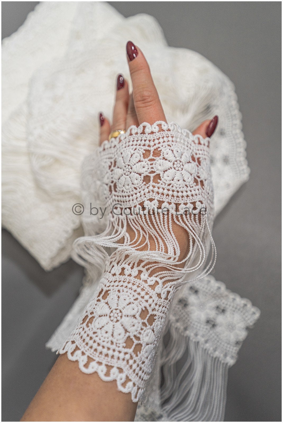Guipure lace trim/ Off-white lace trim with fringes/ Bridal crocheted lace trim// T21-141