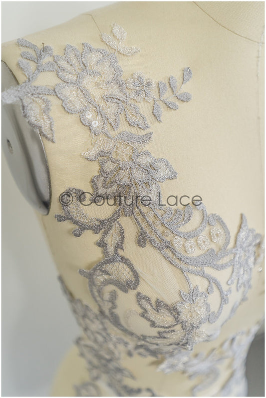 Silbergrauer Spitzen aufnäher, floraler Spitzen aufnäher in silbergrauer Farbe, Spitzenblumen, SilberSpitze Blumen Aufnäher// A21-068SG