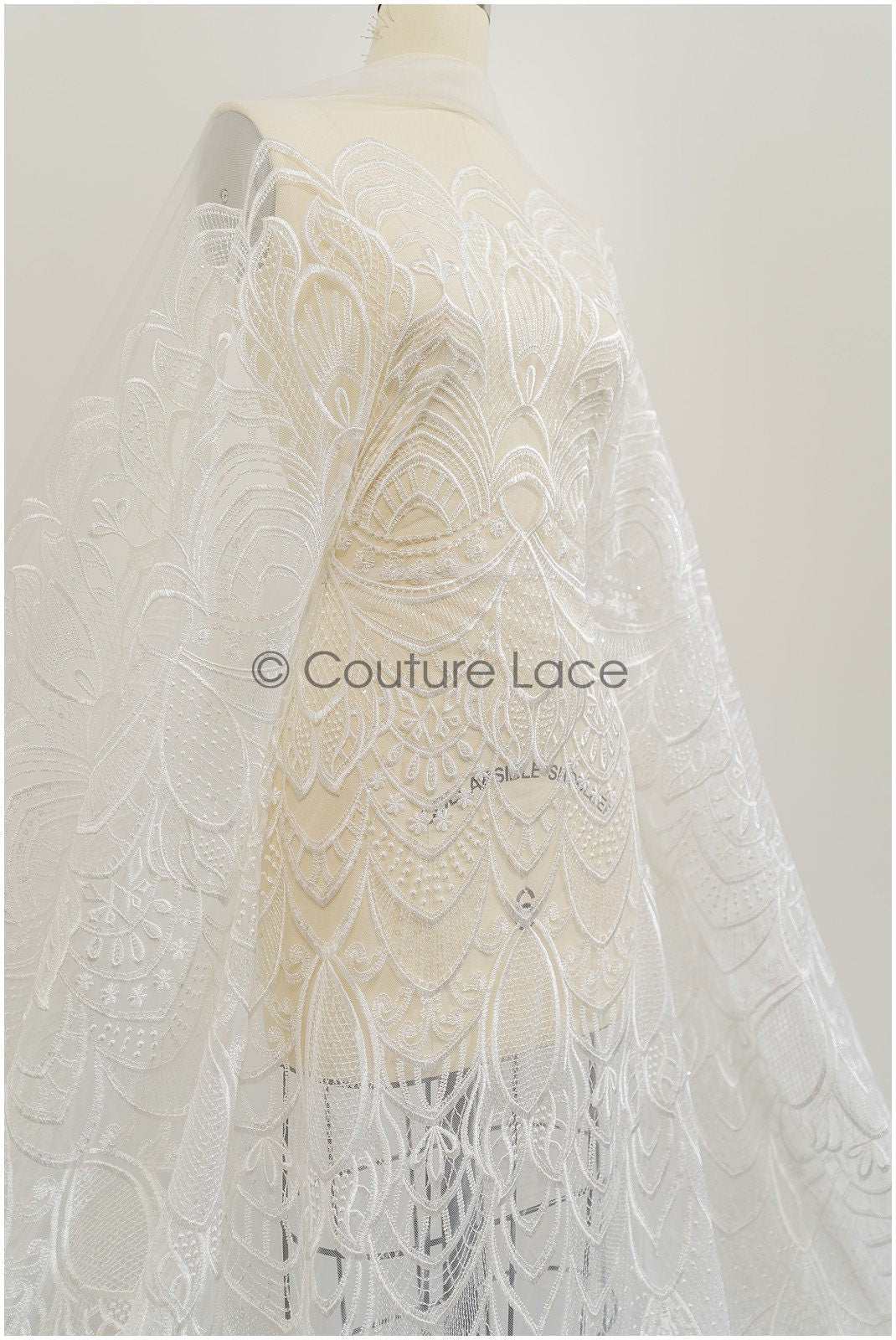 Boho lace fabric off-white/ bridal lace fabric for wedding dress/ geometric boho wedding lace// L21-202NRY
