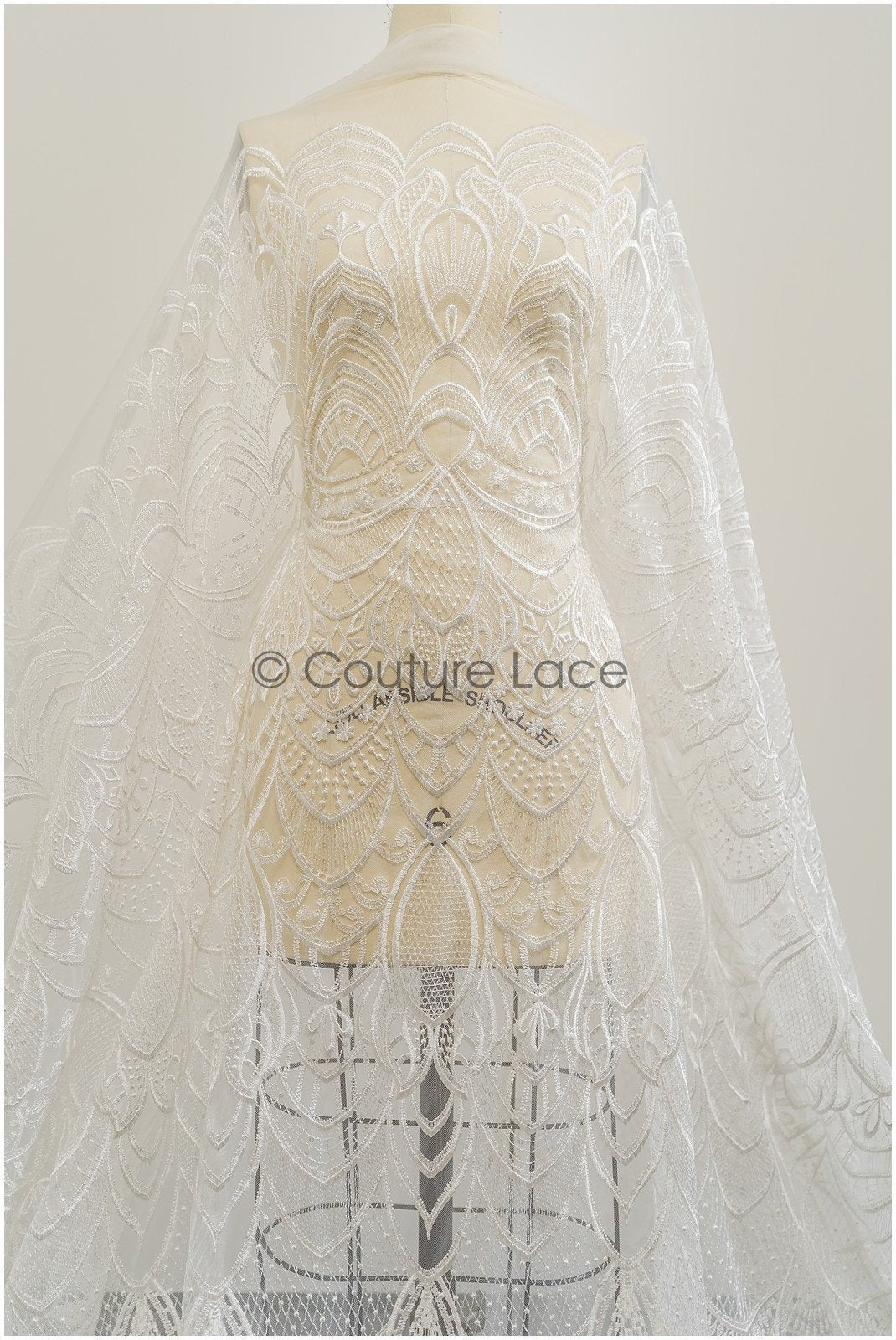 Boho lace fabric off-white/ bridal lace fabric for wedding dress/ geometric boho wedding lace// L21-202NRY