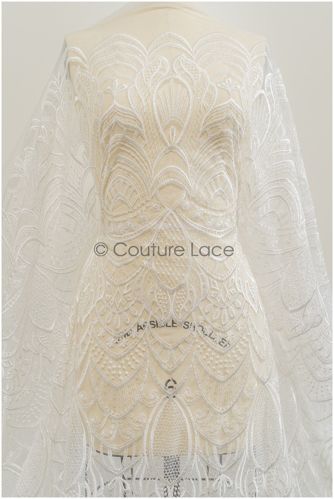 Boho lace fabric off-white/ bridal lace fabric for wedding dress/ geometric boho wedding lace// L21-202NRY