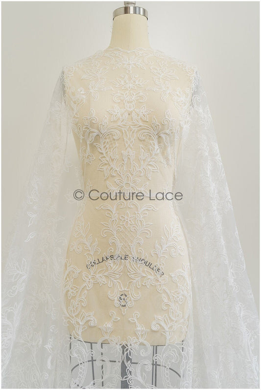 Français Tissu de dentelle Off-White/ Tissu de dentelle de mariée avec fleurs/ Dentelle de mariée/ Tissu de dentelle de robe de mariée// L21-328NY