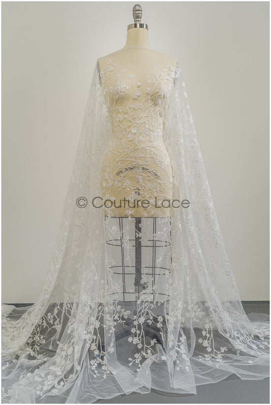 Perlen Spitzenstoff Off-White/ Blumen Spitzenstoff/ Braut Blumenspitze/ Floraler Spitzenstoff/ Brautblumen Spitzenstoff// L21-410