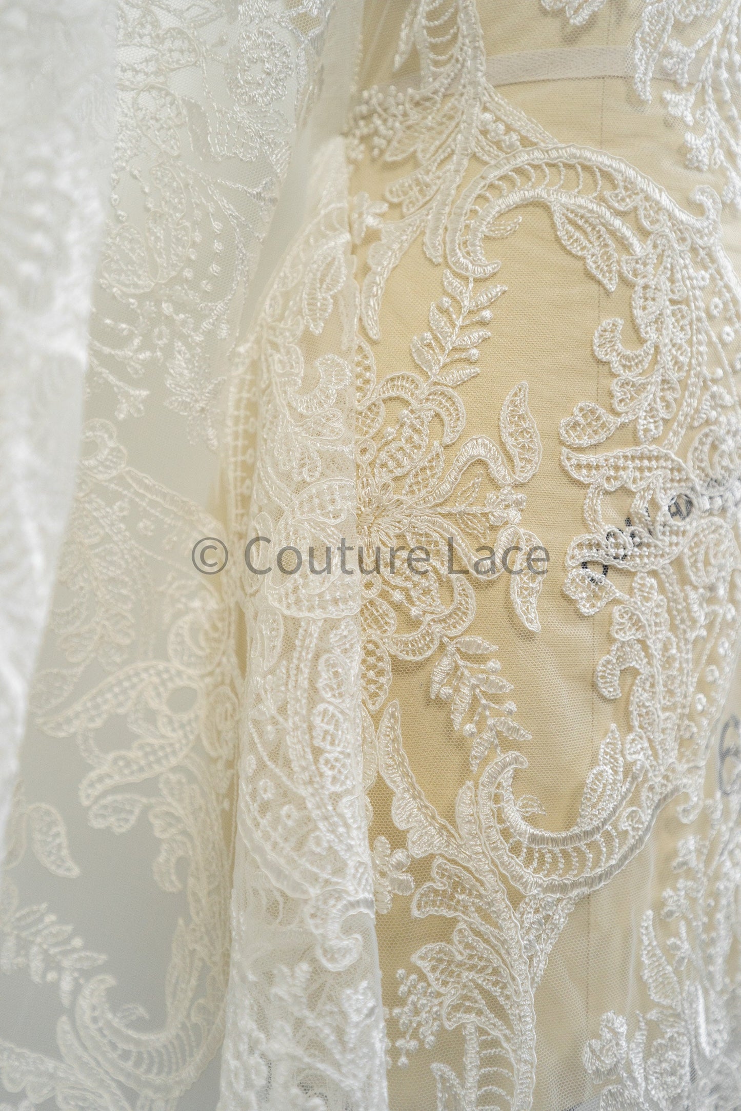 Luxury embroidered lace fabric/ bridal lace off-white/ wedding dress lace// L21-209NB