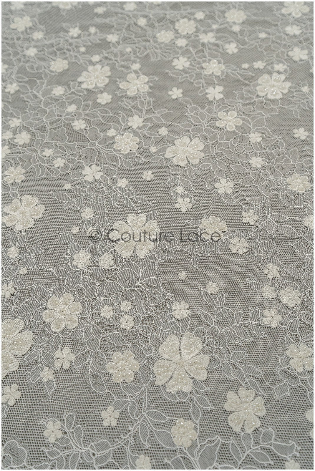 French lace fabric with pearls/ Off-white lace fabric/ Bridal lace with small flowers/ Floral lace// L21-126LB