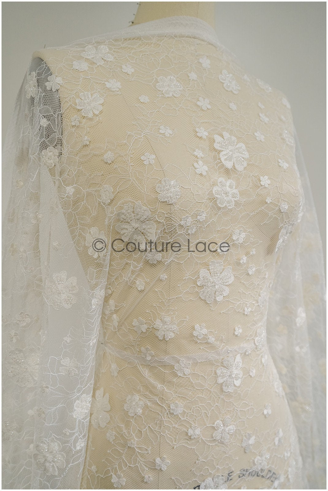French lace fabric with pearls/ Off-white lace fabric/ Bridal lace with small flowers/ Floral lace// L21-126LB