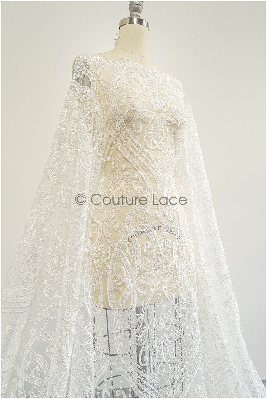 Boho lace fabric off-white/ bridal lace with sequins/ boho bridal lace fabric/ geometric sequin lace/ boho wedding dress// L21-206RY