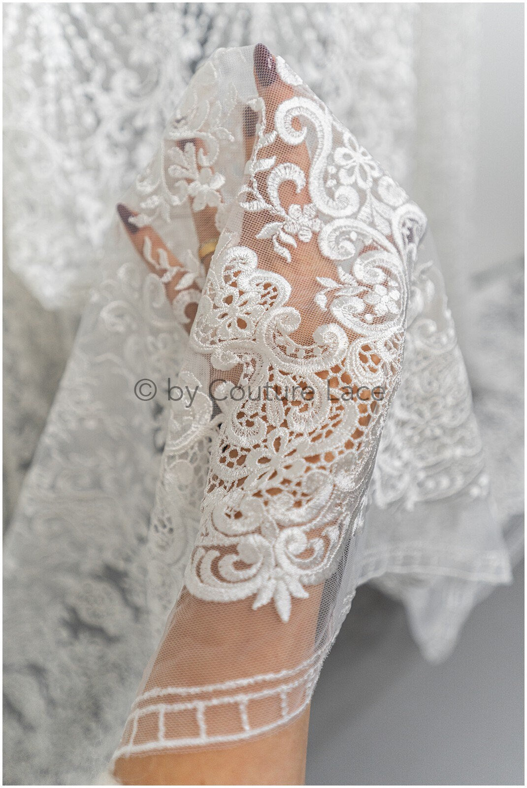 Luxury lace fabric off-white/ French bridal lace/ modern embellished lace fabric/ couture bridal lace fabric/ boho lace fabric// L21-365