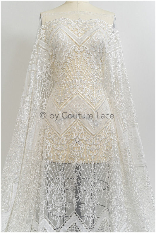 Tejido de encaje de lujo en blanco roto / Encaje nupcial francés / Tejido de encaje moderno decorado / Encaje nupcial de alta costura / Encaje boho // L21-365