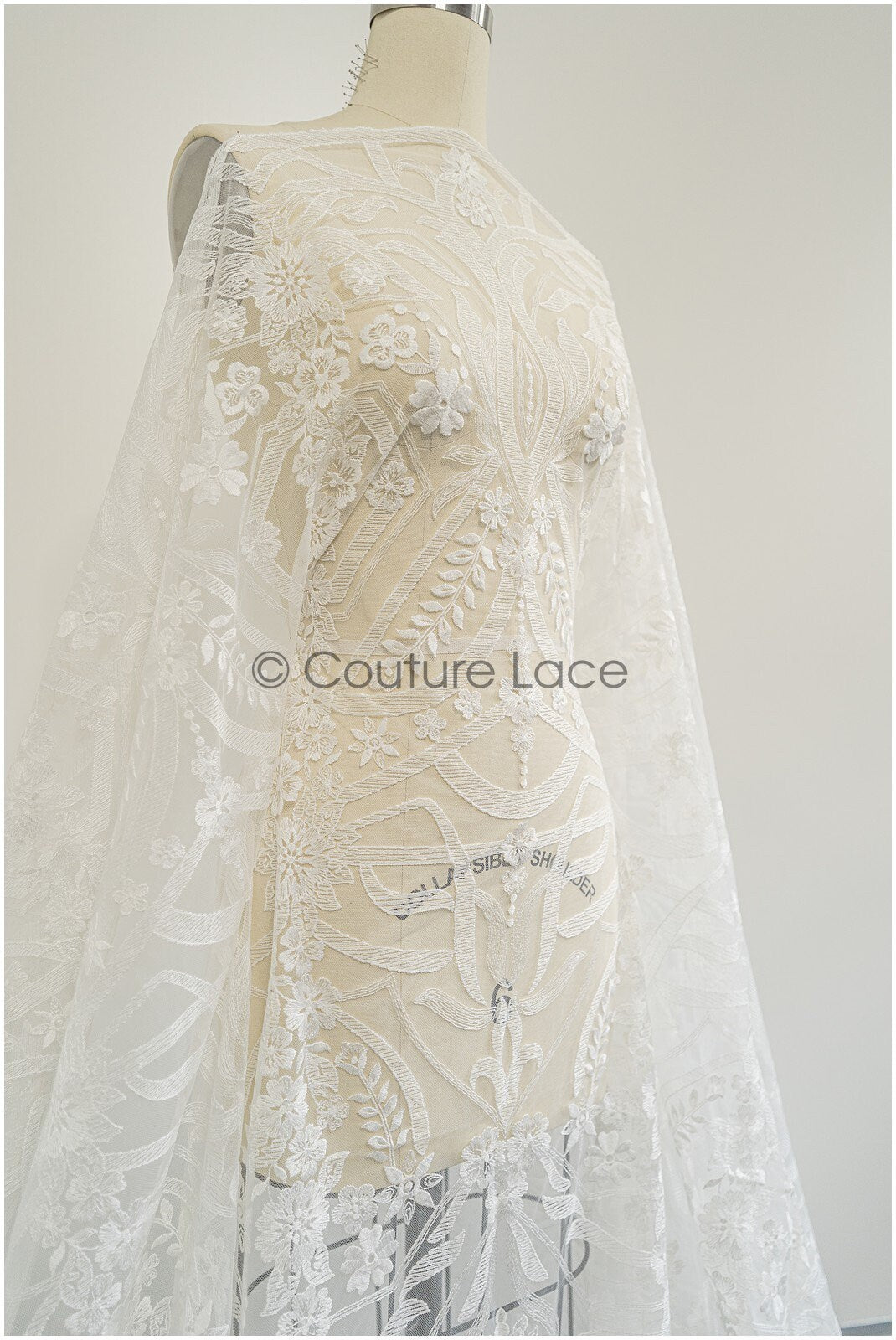 1.2yds Geometric floral lace/ embroidered floral lace off-white/ bridal lace/ soft boho lace fabric/ bridal lace fabric// L21-097C