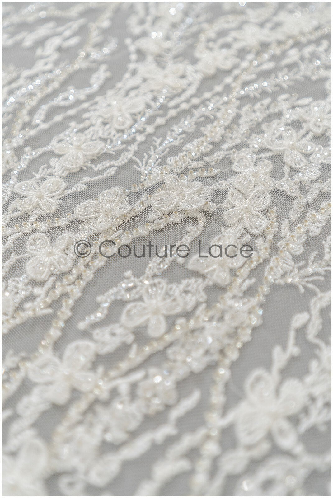 3D flower lace fabric/ pearl bridal lace fabric/ romantic floral lace fabric with 3D flowers // L21-024NBF