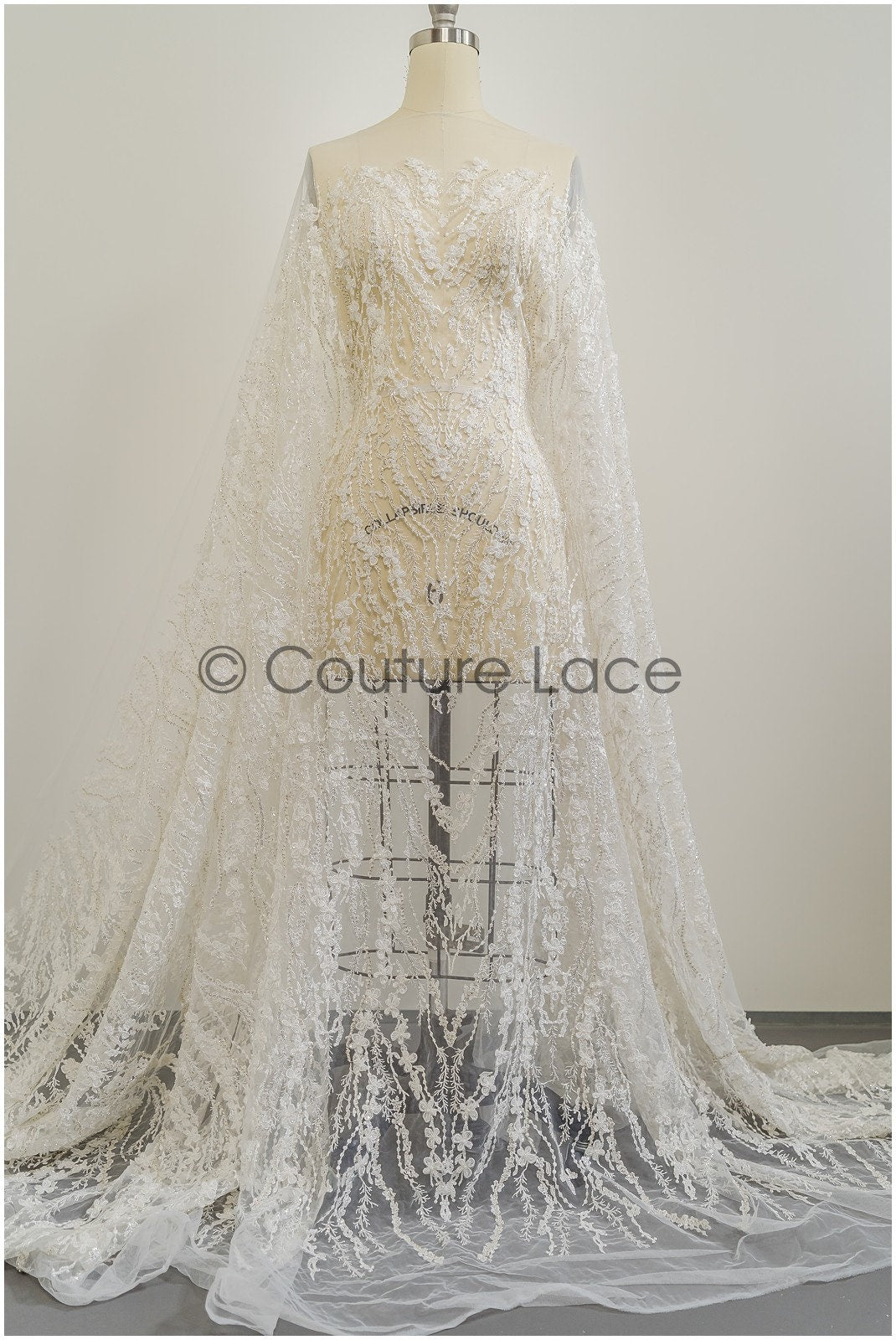 3D flower lace fabric/ pearl bridal lace fabric/ romantic floral lace fabric with 3D flowers // L21-024NBF