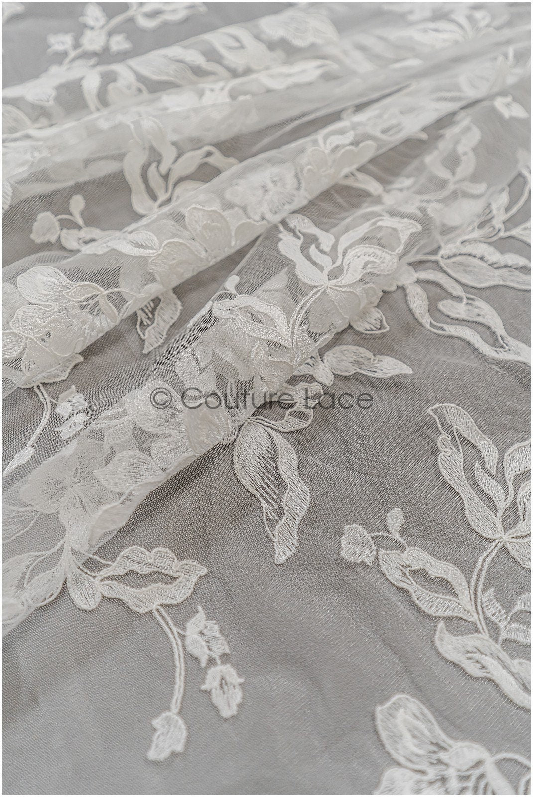 Floral leaf lace fabric/ embroidered floral lace off-white/ wedding dress lace/ soft floral lace fabric/ bridal lace// L21-046N