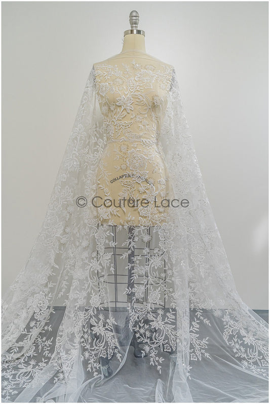 Tela de encaje floral romántica / encaje bordado con flores en seda de leche / encaje color marfil / encaje para novia // L21-032N