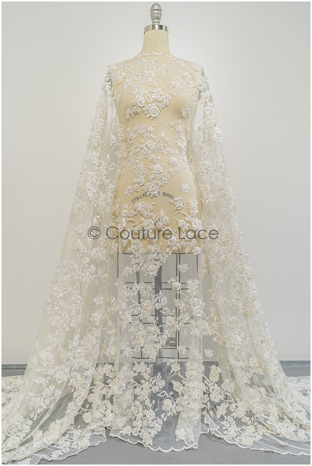 Perlen Braut Spitze mit 3D Blumen/ Couture Spitzenstoff Off-White/ Brautspitze für Brautkleid// L21-041N