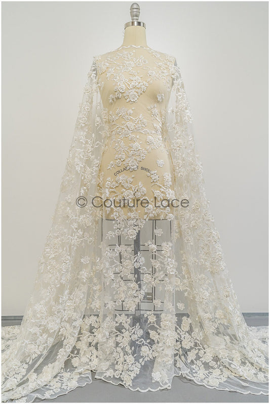 Pearl bridal lace with 3D flowers/ Couture lace fabric off-white/ Bridal lace for wedding dress// L21-041N