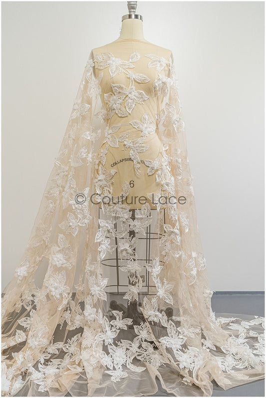 Nude Perlen Brautspitze mit 3D Blumen/ Braut Spitzenstoff Off-White/ Couture Spitze/ Haute Couture Spitze// L21-053ND