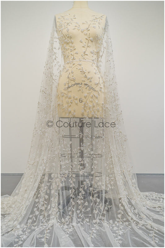 Perlen Spitzenstoff Off-White/ Perlen Hochzeitskleid Spitze/ Brautspitze Stoff/ Perlenspitze// L21-132N