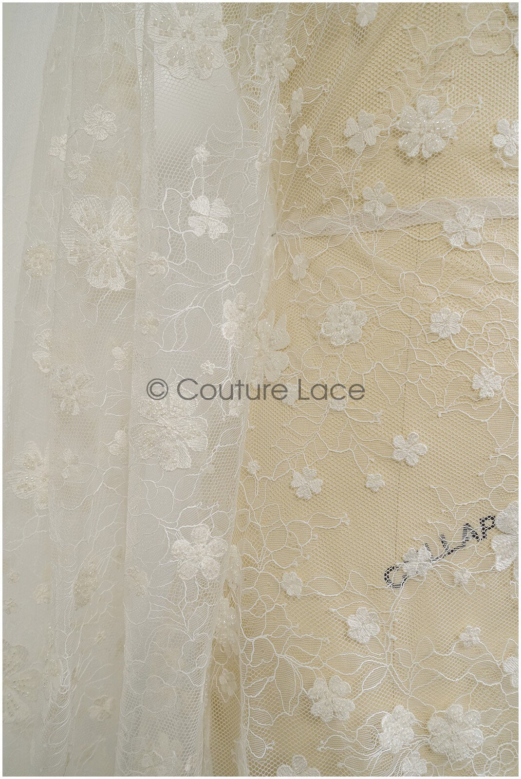French lace fabric with pearls/ Off-white lace fabric/ Bridal lace with small flowers/ Floral lace// L21-126LB