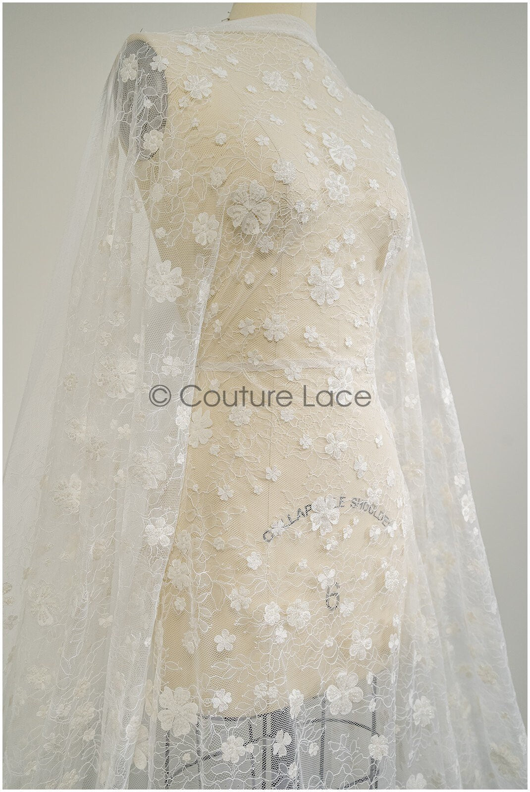 French lace fabric with pearls/ Off-white lace fabric/ Bridal lace with small flowers/ Floral lace// L21-126LB