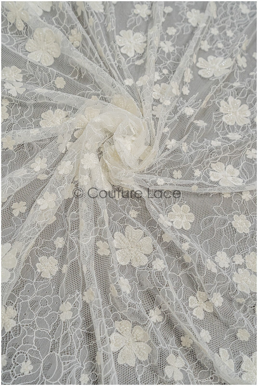 French lace fabric with pearls/ Off-white lace fabric/ Bridal lace with small flowers/ Floral lace// L21-126LB