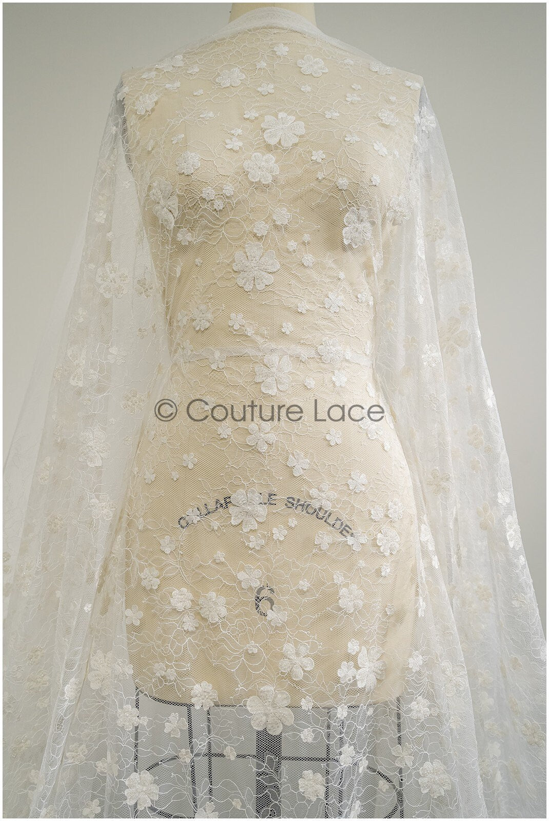 French lace fabric with pearls/ Off-white lace fabric/ Bridal lace with small flowers/ Floral lace// L21-126LB