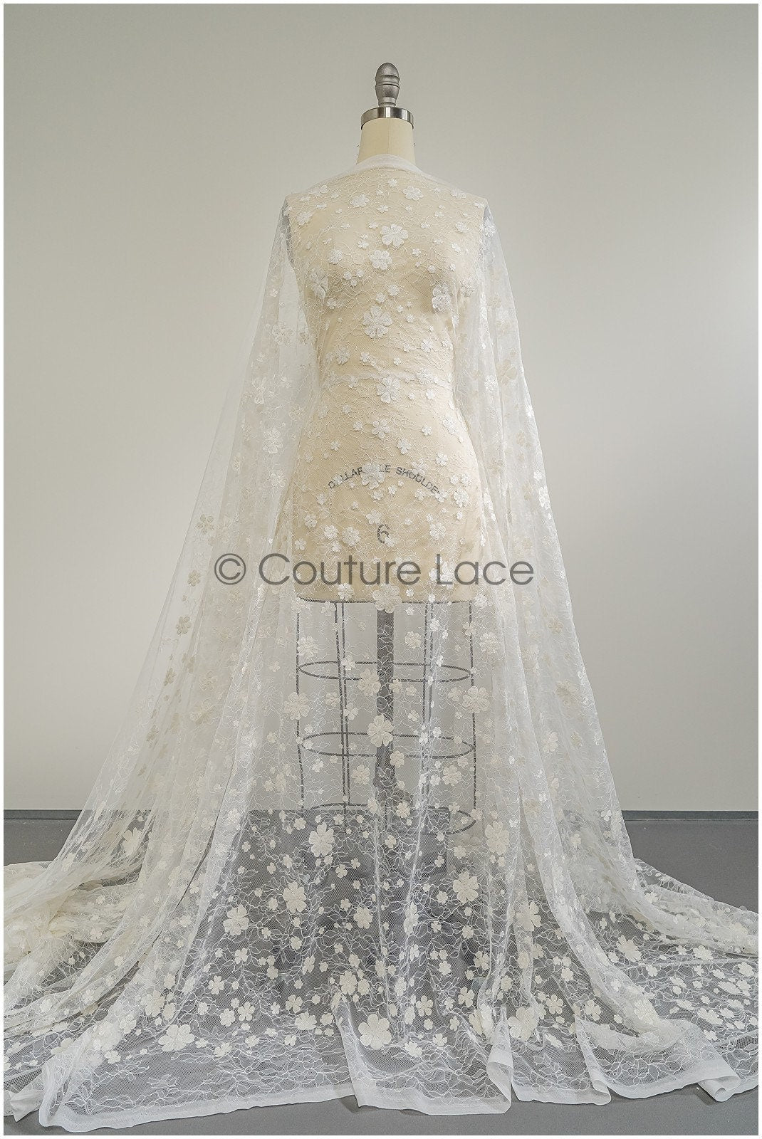 French lace fabric with pearls/ Off-white lace fabric/ Bridal lace with small flowers/ Floral lace// L21-126LB