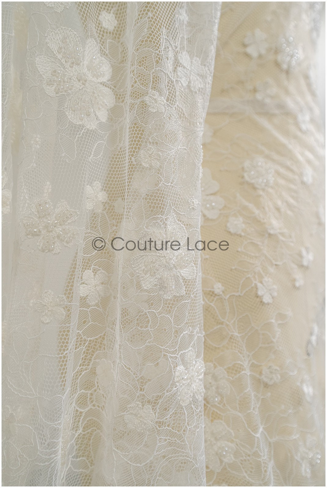 French lace fabric with pearls/ Off-white lace fabric/ Bridal lace with small flowers/ Floral lace// L21-126LB