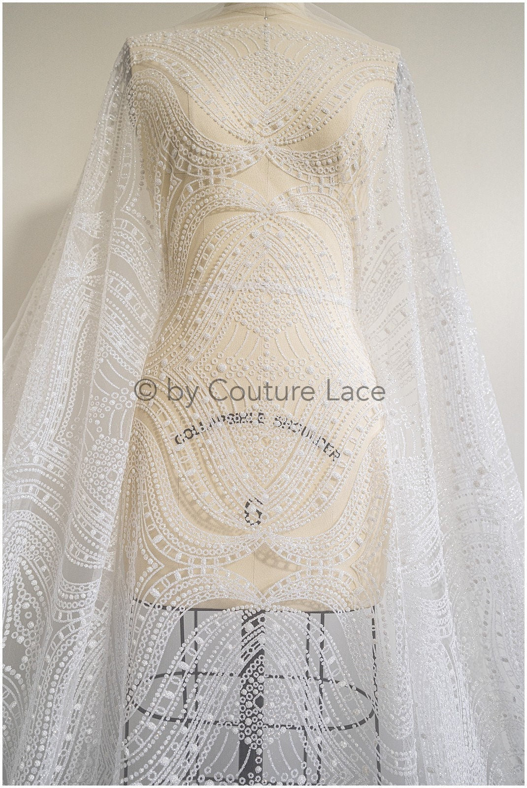 Glitter net with oriental pattern/ Off-white silver shiny glitter tulle fabric/ Glitter mesh// R-032