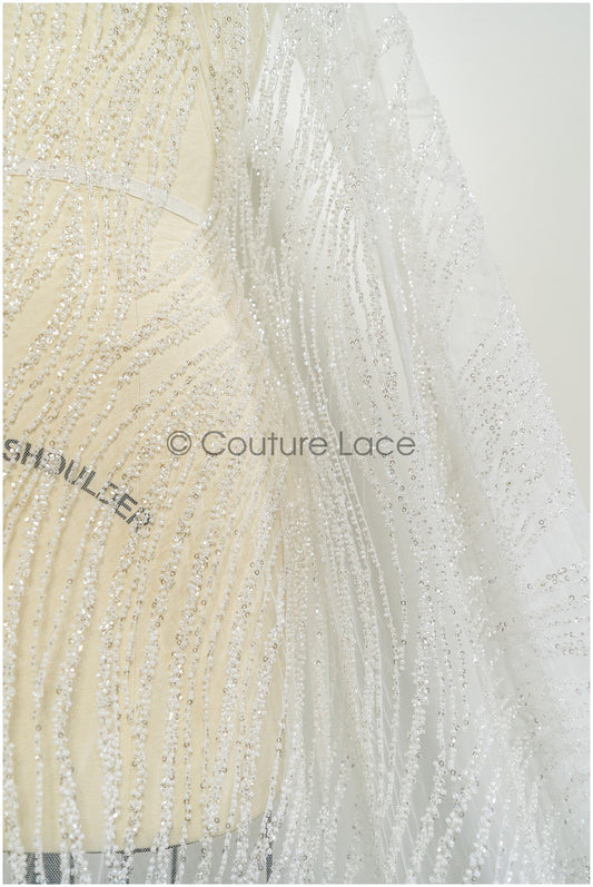 Schwere Perlen Brautspitze Off-White/ Couture Spitzenstoff mit Perlen/ Hochzeitskleid Spitze/ Designer Couture Spitze/ Streifen Spitzenstoff// L19-108