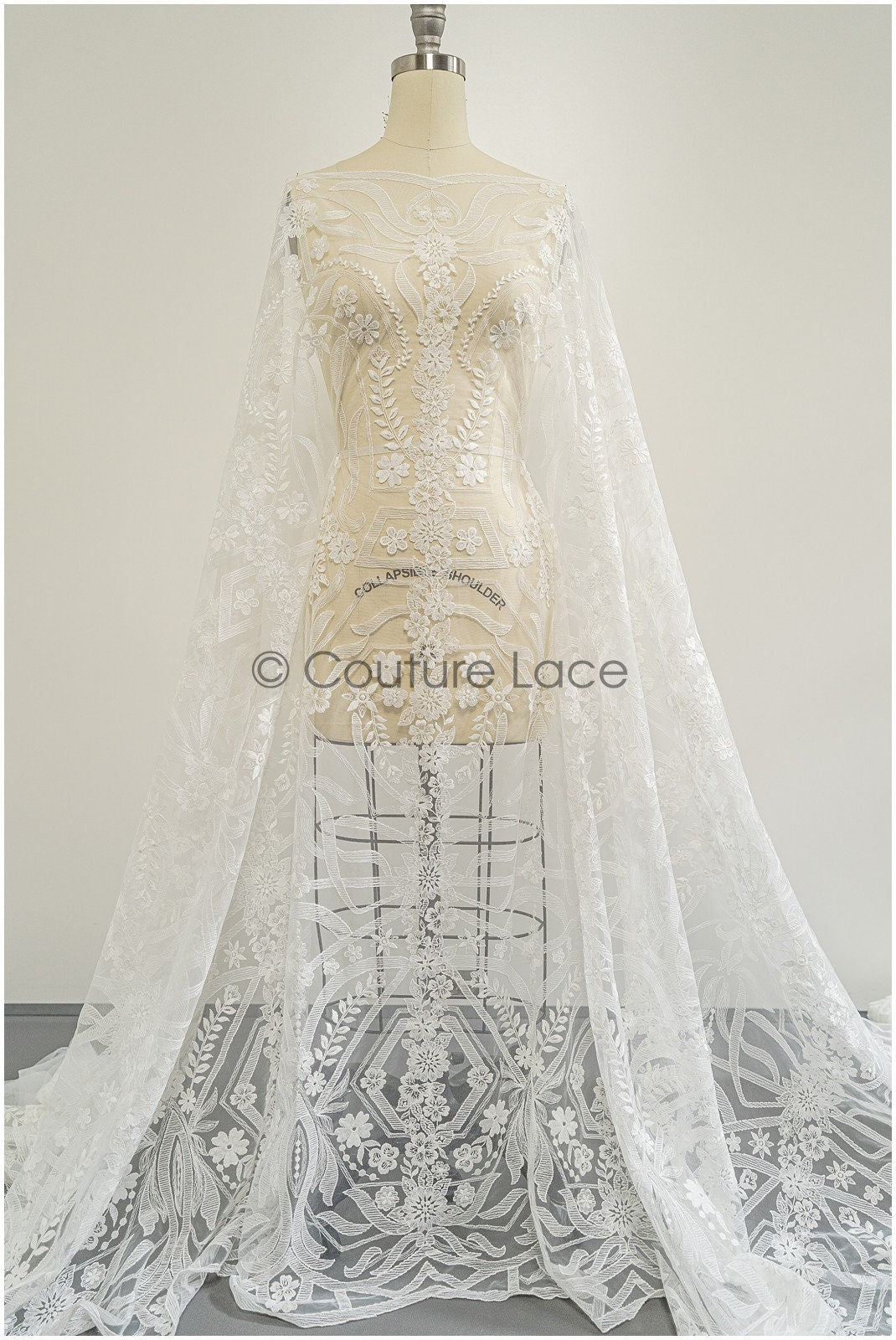 1.2yds Geometric floral lace/ embroidered floral lace off-white/ bridal lace/ soft boho lace fabric/ bridal lace fabric// L21-097C