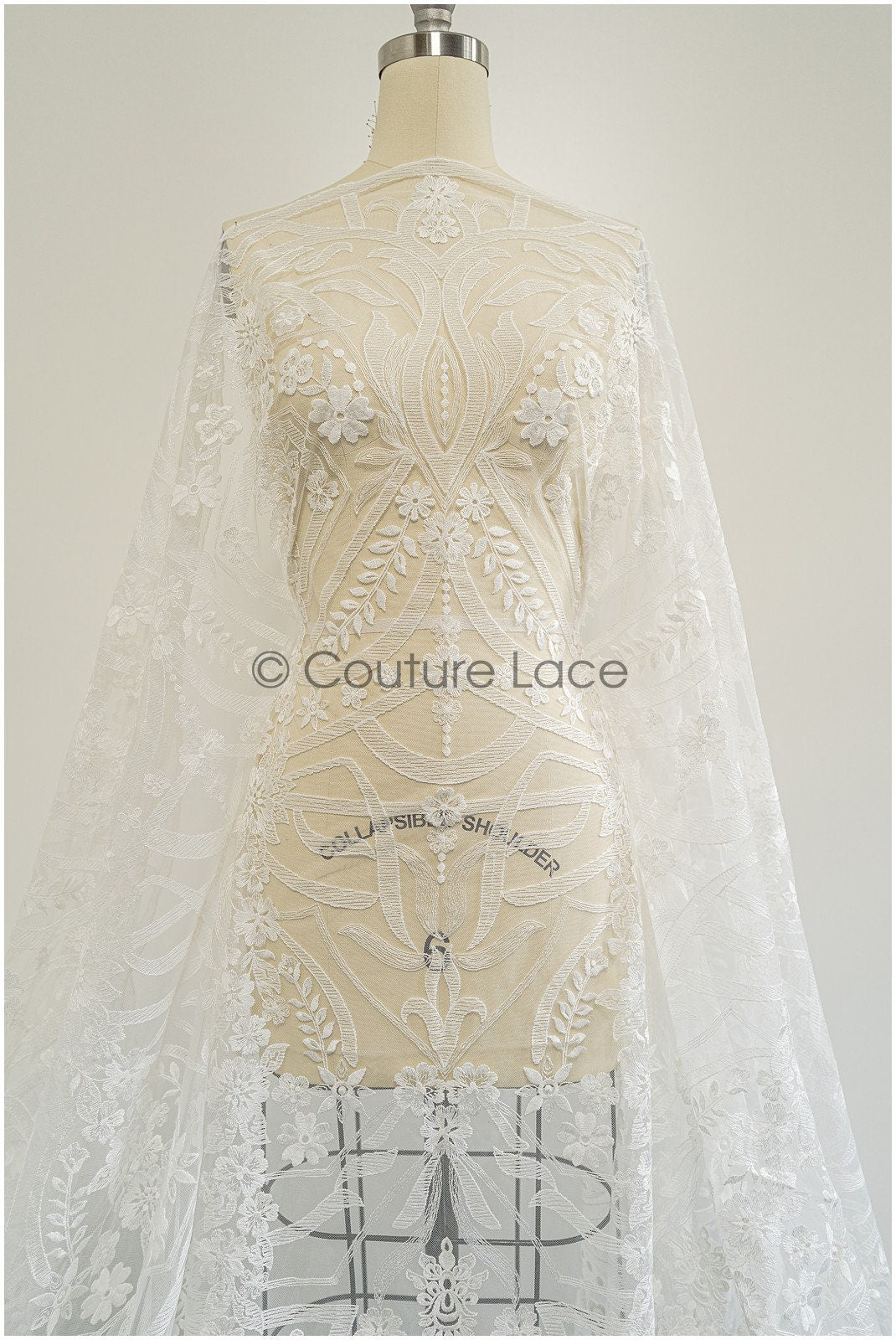 1.2yds Geometric floral lace/ embroidered floral lace off-white/ bridal lace/ soft boho lace fabric/ bridal lace fabric// L21-097C