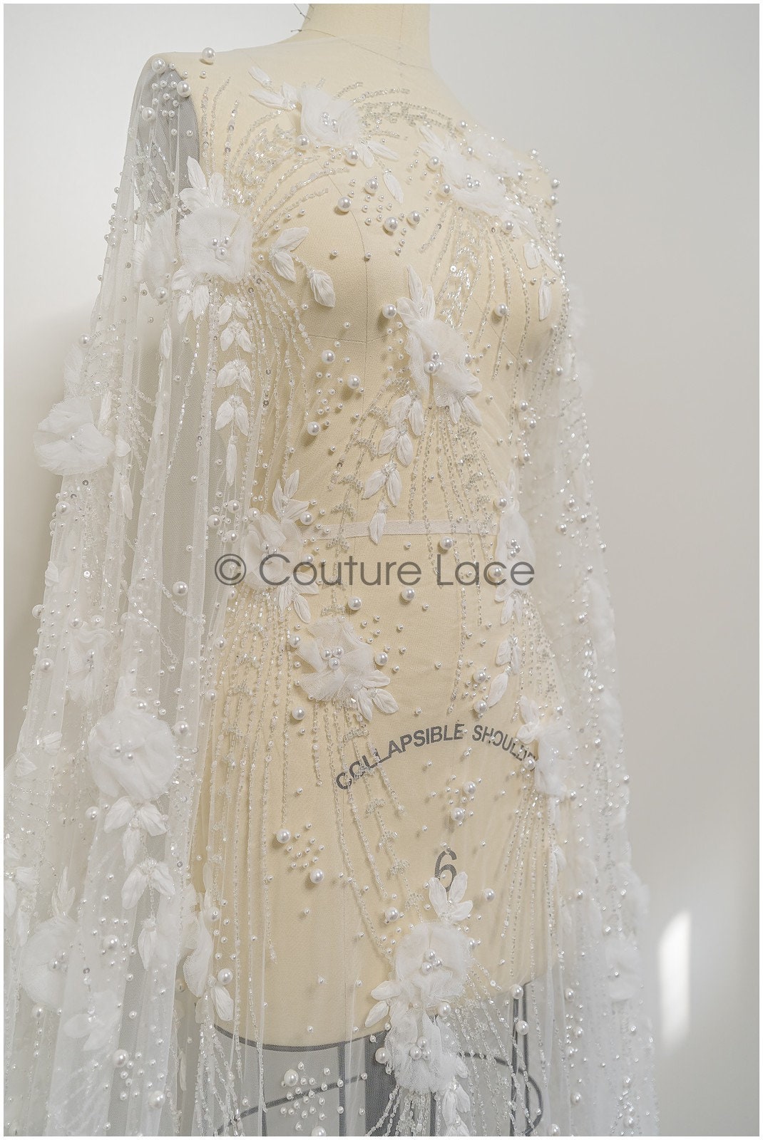 Handgefertigte Brautspitze Off-White/ 3D Blumen Spitzenstoff/ Perlen Spitze/ Designer Couture Spitze/ Braut Spitze// L21-015N