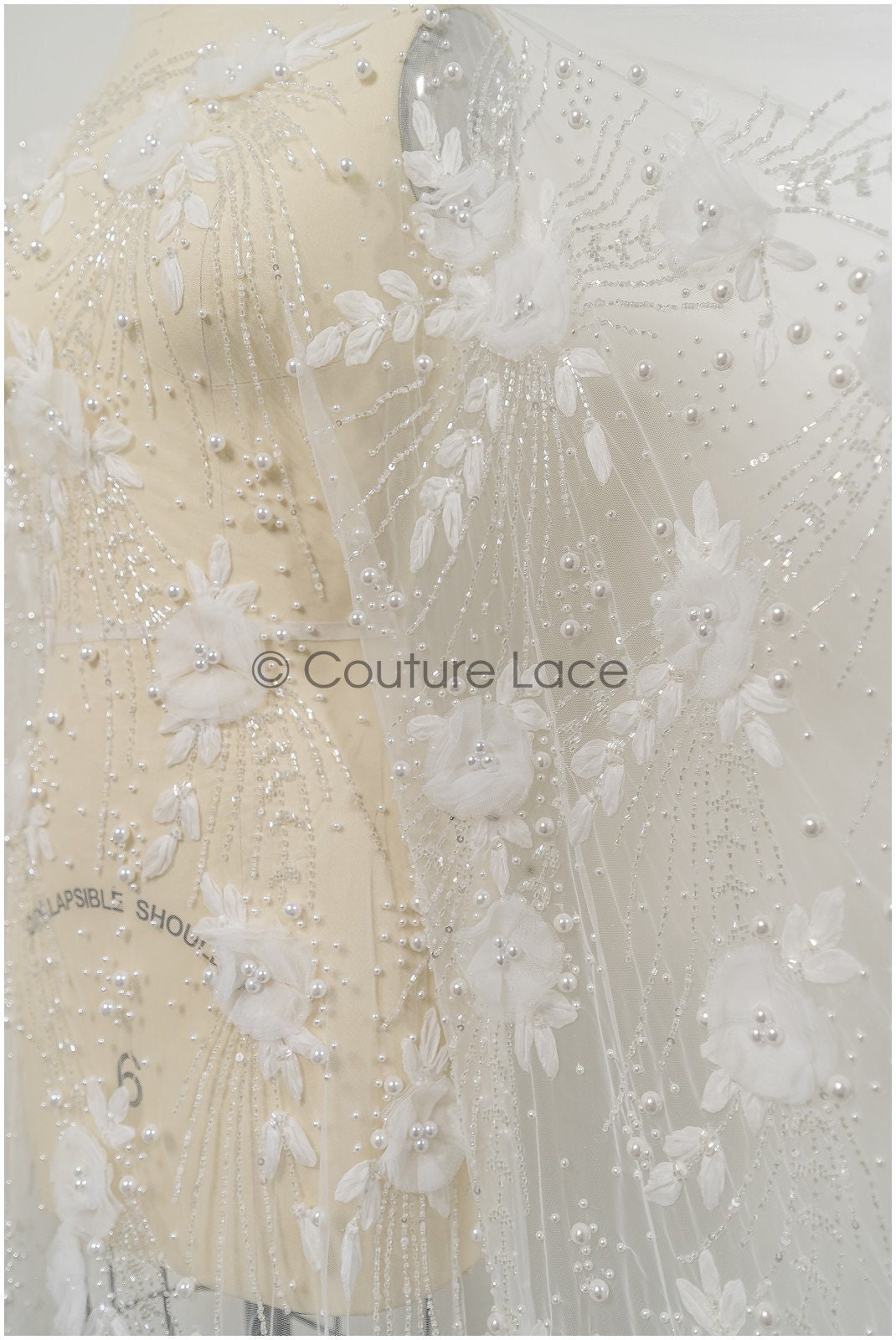 Handgefertigte Brautspitze Off-White/ 3D Blumen Spitzenstoff/ Perlen Spitze/ Designer Couture Spitze/ Braut Spitze// L21-015N