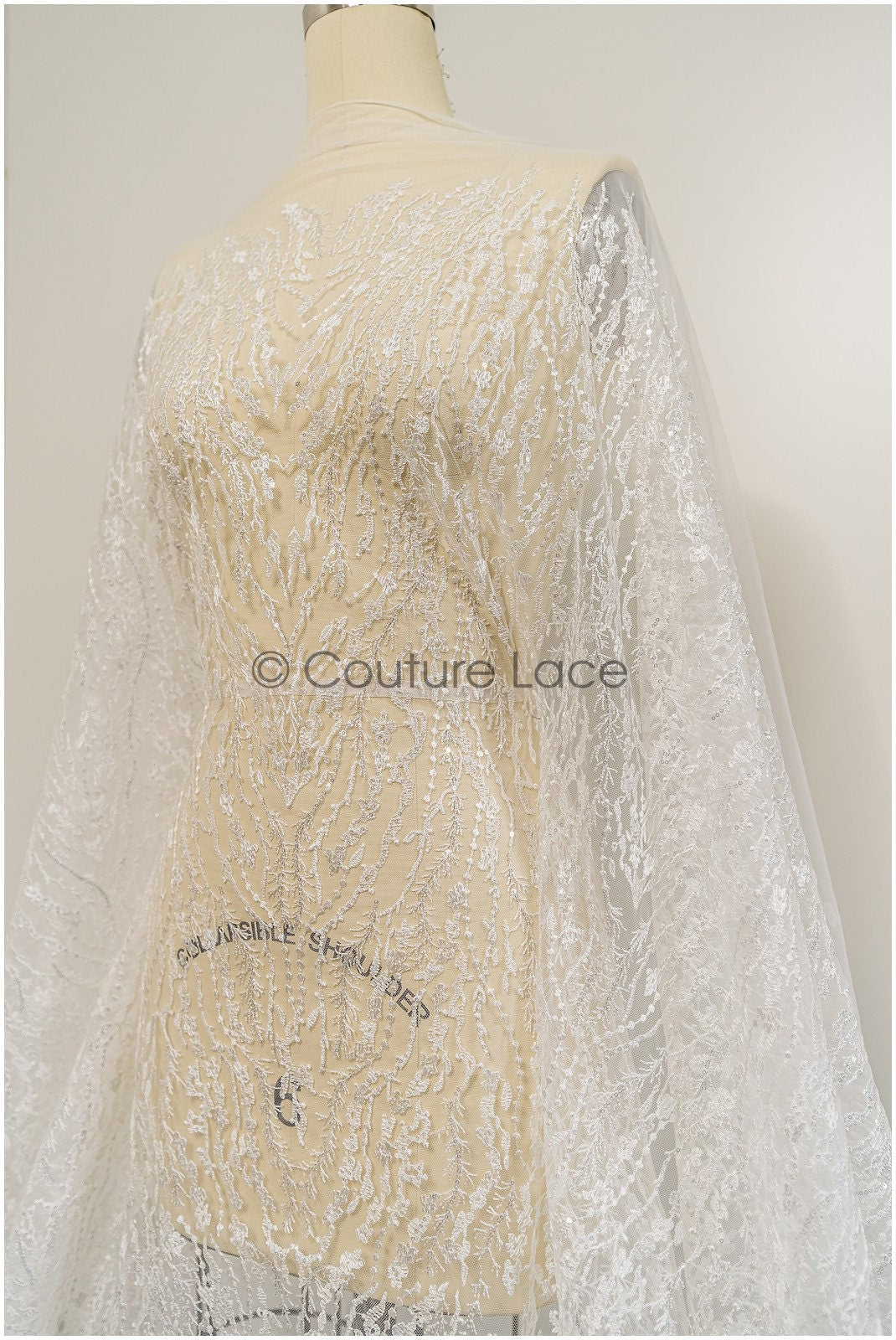 Wellenmuster Brautspitze Stoff/ Braut Spitzenstoff Off-White/ geometrisches Muster/ Spitzenstoff mit Blumen// L20-024N