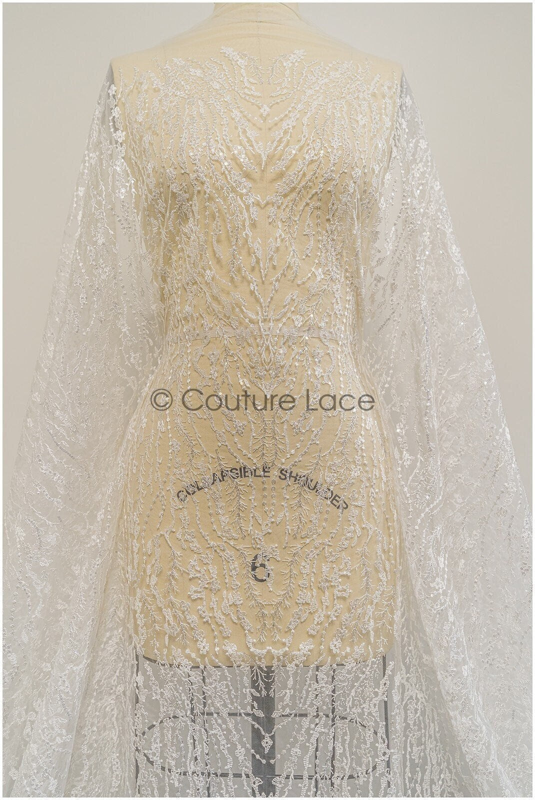 Wellenmuster Brautspitze Stoff/ Braut Spitzenstoff Off-White/ geometrisches Muster/ Spitzenstoff mit Blumen// L20-024N