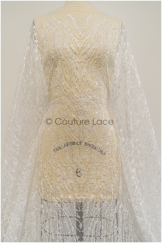 Wellenmuster Brautspitze Stoff/ Braut Spitzenstoff Off-White/ geometrisches Muster/ Spitzenstoff mit Blumen// L20-024N