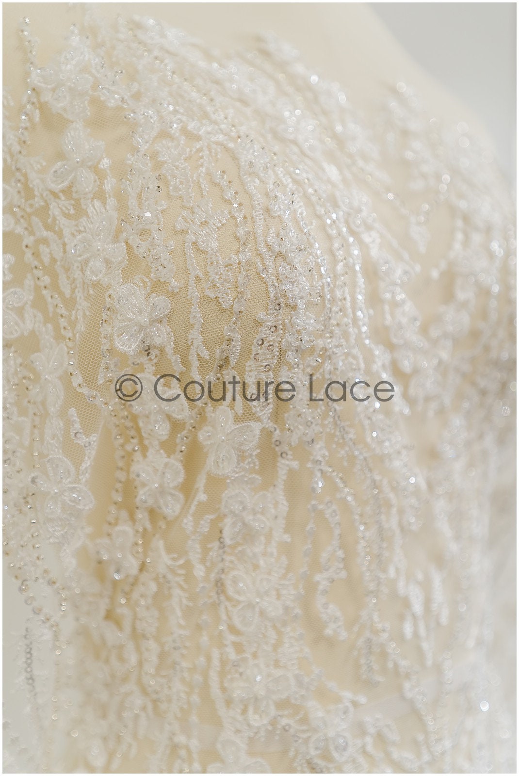 3D flower lace fabric/ pearl bridal lace fabric/ romantic floral lace fabric with 3D flowers // L21-024NBF
