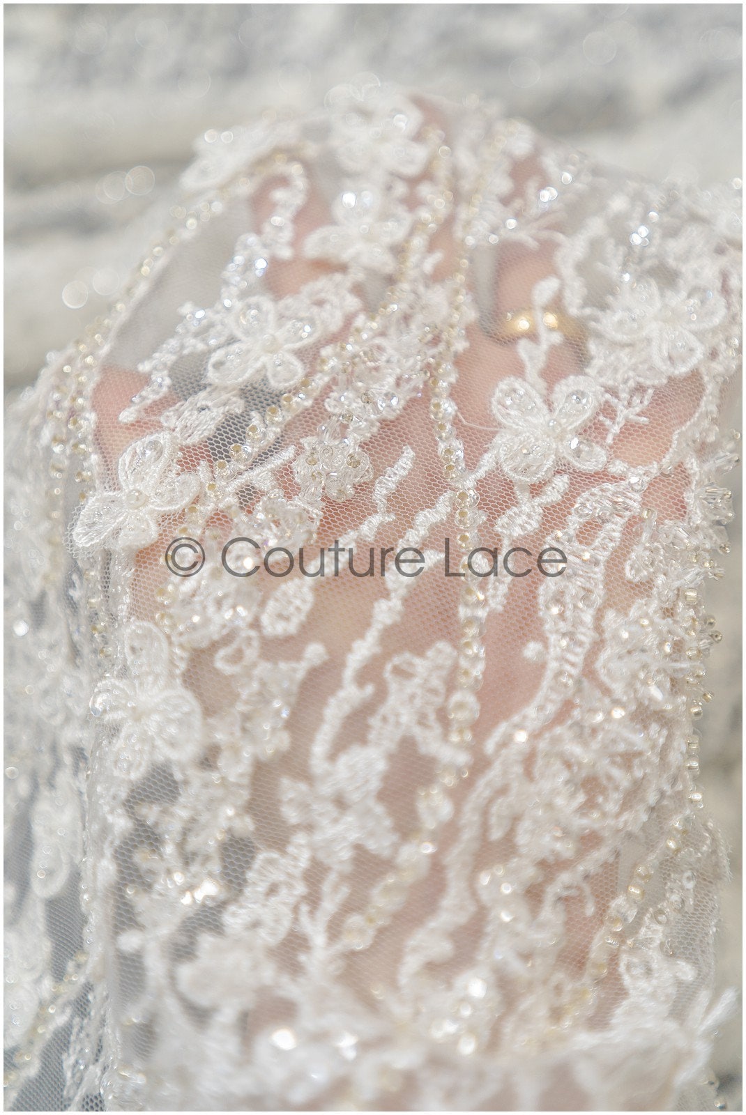 3D flower lace fabric/ pearl bridal lace fabric/ romantic floral lace fabric with 3D flowers // L21-024NBF