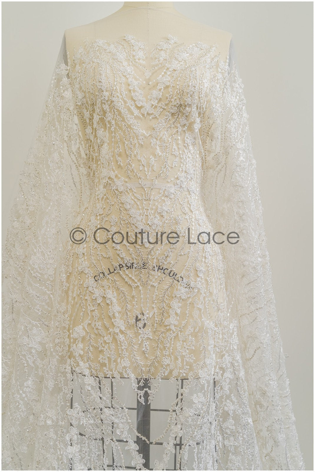 3D flower lace fabric/ pearl bridal lace fabric/ romantic floral lace fabric with 3D flowers // L21-024NBF