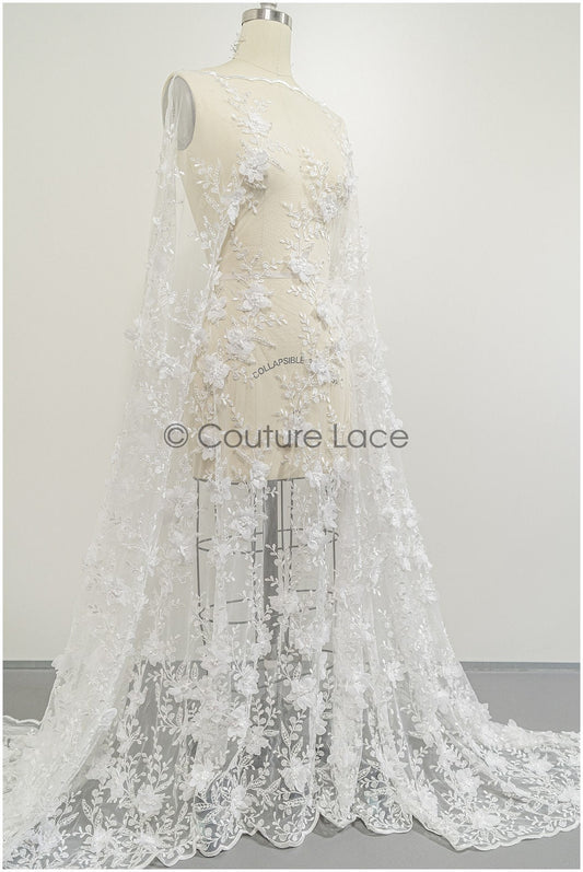 3D Blumen Spitzenstoff Off-White/ Braut Spitzenstoff/ romantischer Spitzenstoff mit 3D Blumen & Perlen/ Hochzeit Spitzenstoff// L21-140N