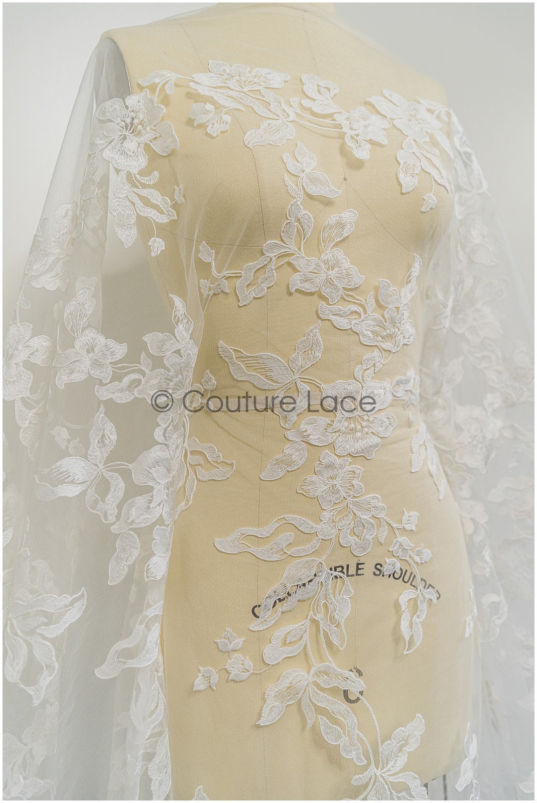 Floral leaf lace fabric/ embroidered floral lace off-white/ wedding dress lace/ soft floral lace fabric/ bridal lace// L21-046N