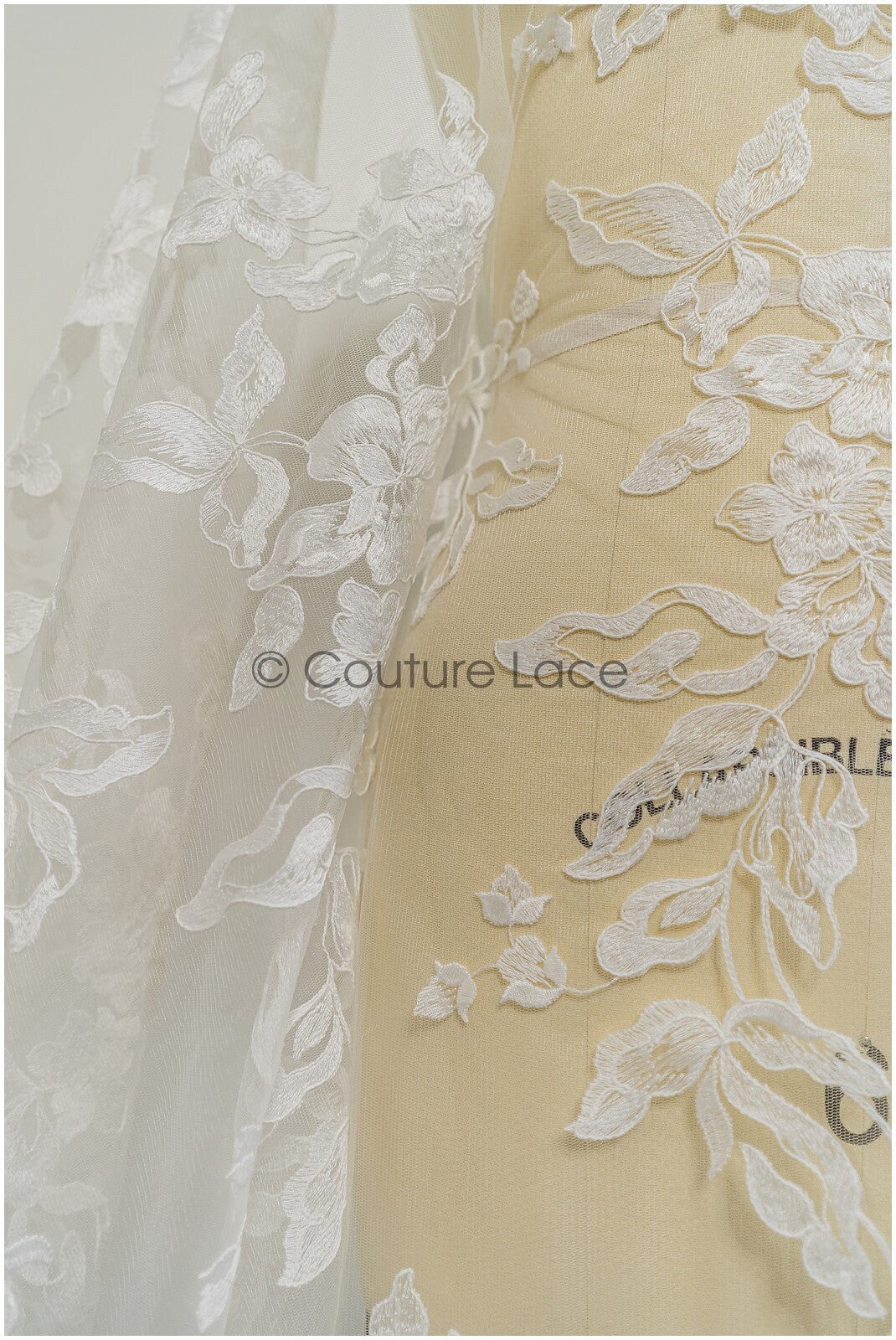 Floral leaf lace fabric/ embroidered floral lace off-white/ wedding dress lace/ soft floral lace fabric/ bridal lace// L21-046N