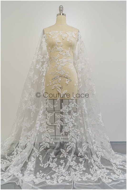 Tejido de encaje floral con hojas / encaje floral bordado en color blanco roto / encaje para vestido de novia / encaje floral suave / encaje nupcial // L21-046N