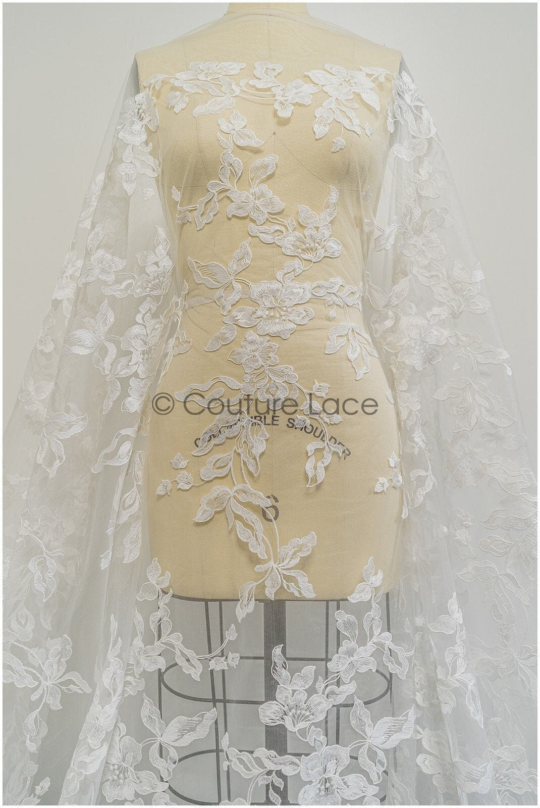 Floral leaf lace fabric/ embroidered floral lace off-white/ wedding dress lace/ soft floral lace fabric/ bridal lace// L21-046N
