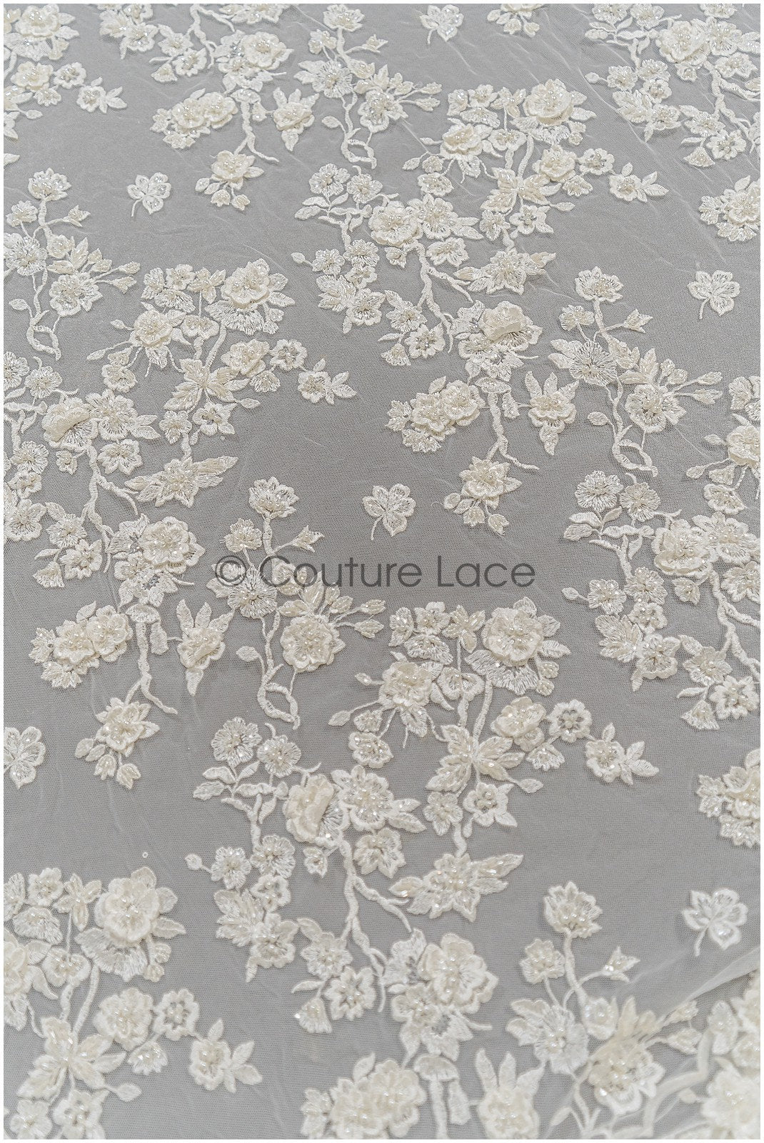 Perlen Braut Spitze mit 3D Blumen/ Couture Spitzenstoff Off-White/ Brautspitze für Brautkleid// L21-041N